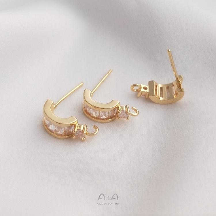 14K Gold-Filled Zircon C-Shaped Stud Earrings with Open Jump Ring and 925 Silver Posts