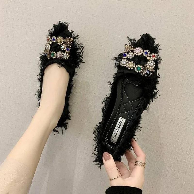 Fashion Black Shoes for Women Rhinestone with Crystals Green Elegant Party Pointed Toe Woman Flats Diamond Social Korean Style Lastest