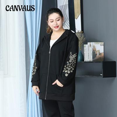 Neue Herbst-Strickjacke mit Kapuze und langen Ärmeln für Damen in Übergröße, Stickerei, mittellanger Reißverschluss, Fleecejacke