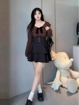 Plus Size American Spicy Girl Bow Long Sleeve Top & Corset Waist Skirt Set