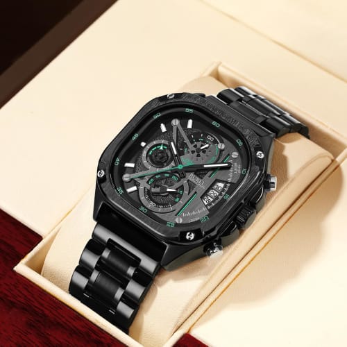BUREI Men's Rectangular Face Chronograph Quartz Watch, Analog, Waterproof, Date, Stainless Steel, Black, Gift for Men
