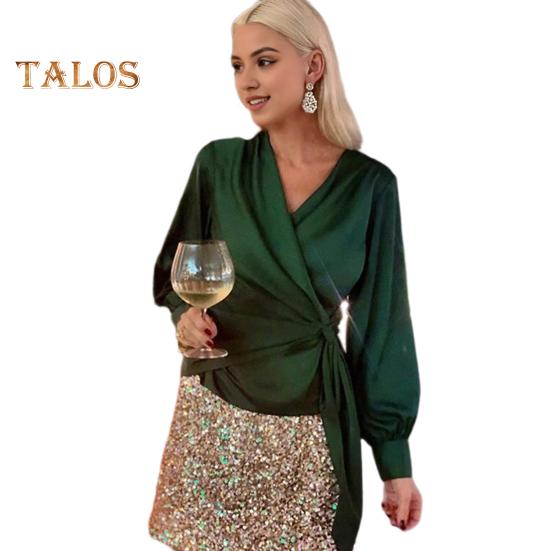 Women Shirt V-neck Side Lace-Up Lantern Long Sleeve Pullover Tops Solid Color Work Casual Blouse Daily Wear