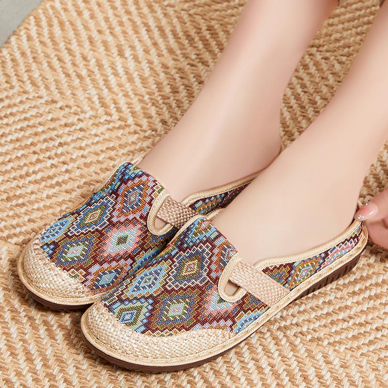 CRLAYDK Retro 2024 Summer Women's Bohemian Woven Casual Shoes Slip On Travel Slides Flats Lady Home Outdoor Walking Sneakers