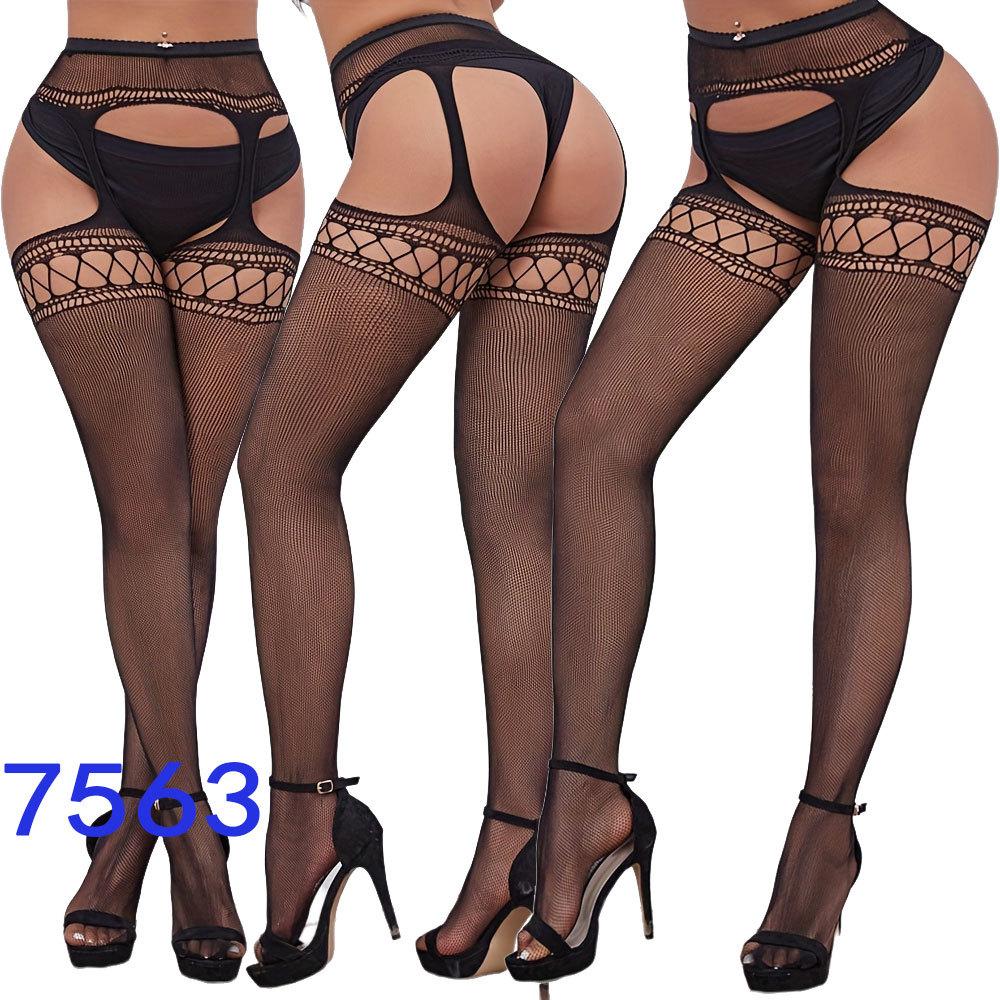 New style open crotch lace transparent suspender black silk sexy fishnet stockings non-slip one-piece suspender belt for women