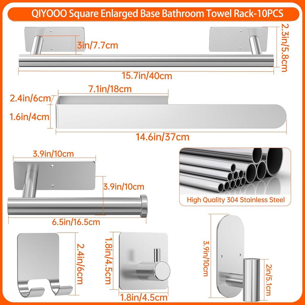 Towel Racks for Bathroom,QIYOOO 10pcs Upgraded Version Thickened SUS304 Stainless Steel Self Adhesive Towel Bar Set,Self-Adhesive/Drilled