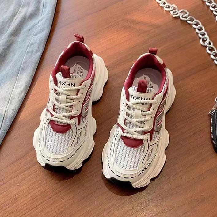 Beautiful red dad shoes 22 autumn new thick-soled heightened mesh breathable fried street sports shoes 35 красный