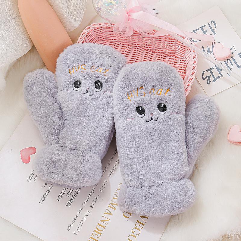 

Плюшевые толстые теплые перчатки с рисунком в корейском стиле для защиты от холода осенью и зимой Full finger adult model серый