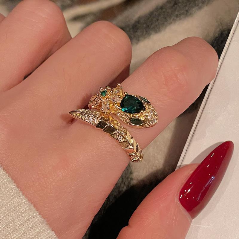 Medieval Retro Fashion Gold Serpentine Open Ring Elegant Exquisite Zircon Personalized Accessories Women
