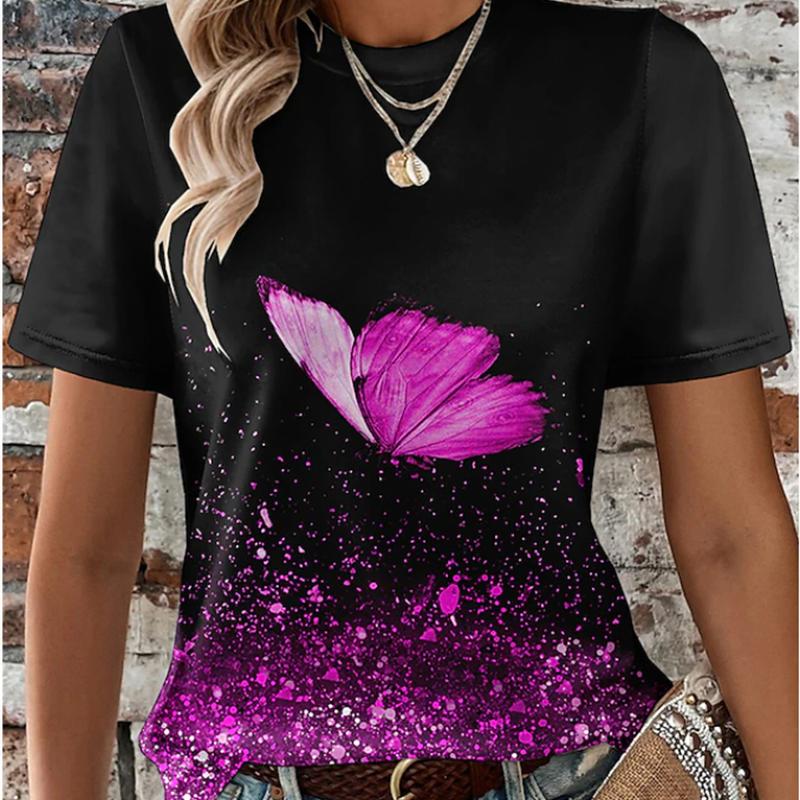

Женская летняя футболка в стиле ретро, модная, с коротким рукавом, повседневная, с принтом танцующих бабочек 8XL розовый