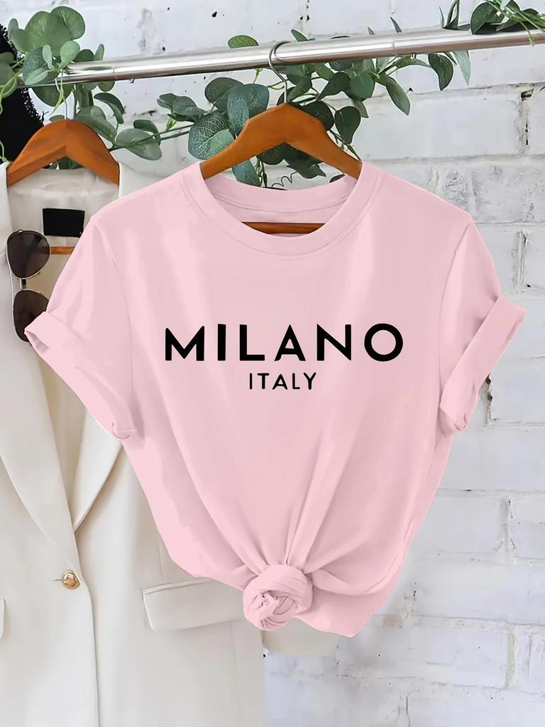 Women'S Casual Polyester T-Shirt with Milano Italy Letter Print Short Sleeve Crew Neck Knit Fabric Top for All Seasons