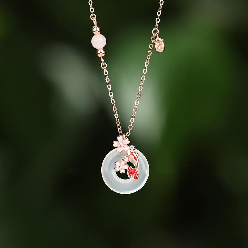 S925 Sterling Silver Peach Blossom Koi Fish Pendant Necklace - Women's Light Luxury Clavicle Chain