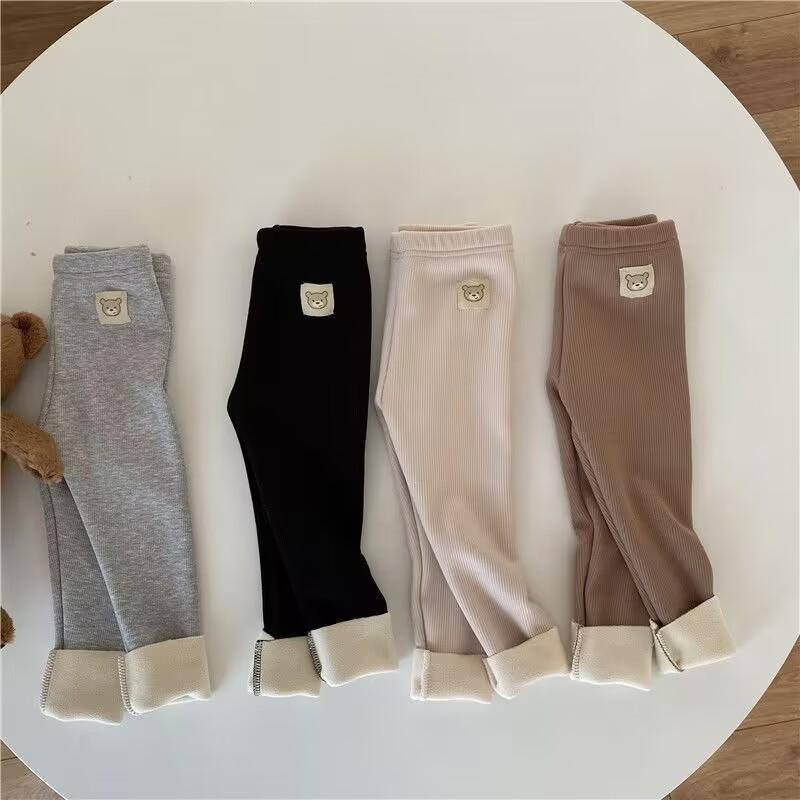 Autumn Winter Children's One-piece Velvet Bottoming Pants Boys Girls Baby Padded Warm Cartoon Elastic Foot Pants Pants