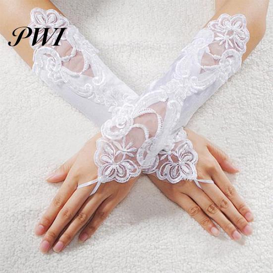 Guantes de encaje con perlas sintéticas para mujer, guantes sin dedos para novia, fiesta de boda, vestido de novia