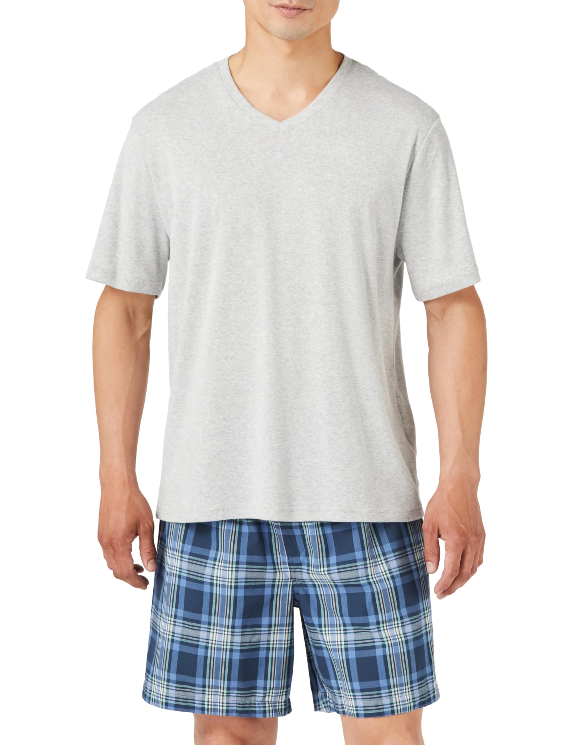 

Мужской пижамный комплект Amazon Essentials: Футболка и поплиновые шорты, темно-синяя клетка/меланжевый серый, размер L
