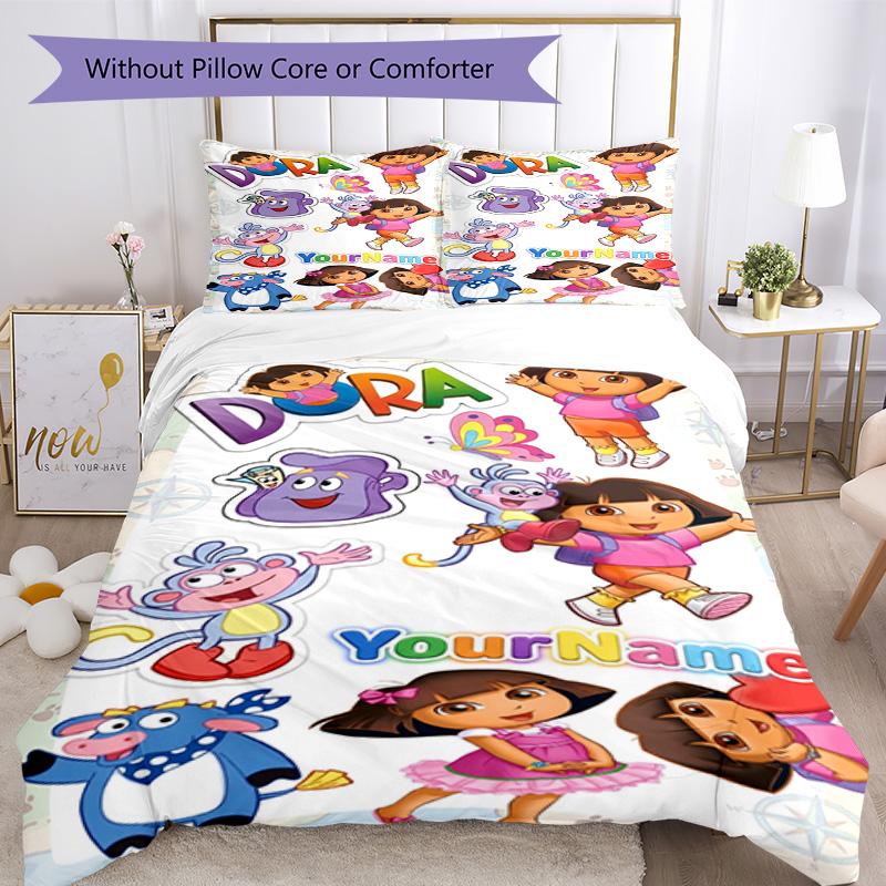 Dora Explorer Customize Your Name Bedding Set Breathable Duvet Cover with Pillowcases Home Decoration Birthday Gift