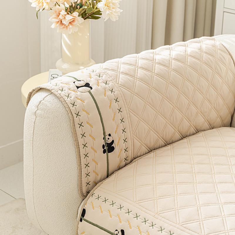 New Washed Cotton Sofa Mat Lesser Panda Embroidery Sofa Cover Living Room Non-slip Sofas Cushion L-shaped Sofa Protective Case