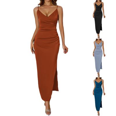 Fashionable Suspender Backless Sexy Slit Dress