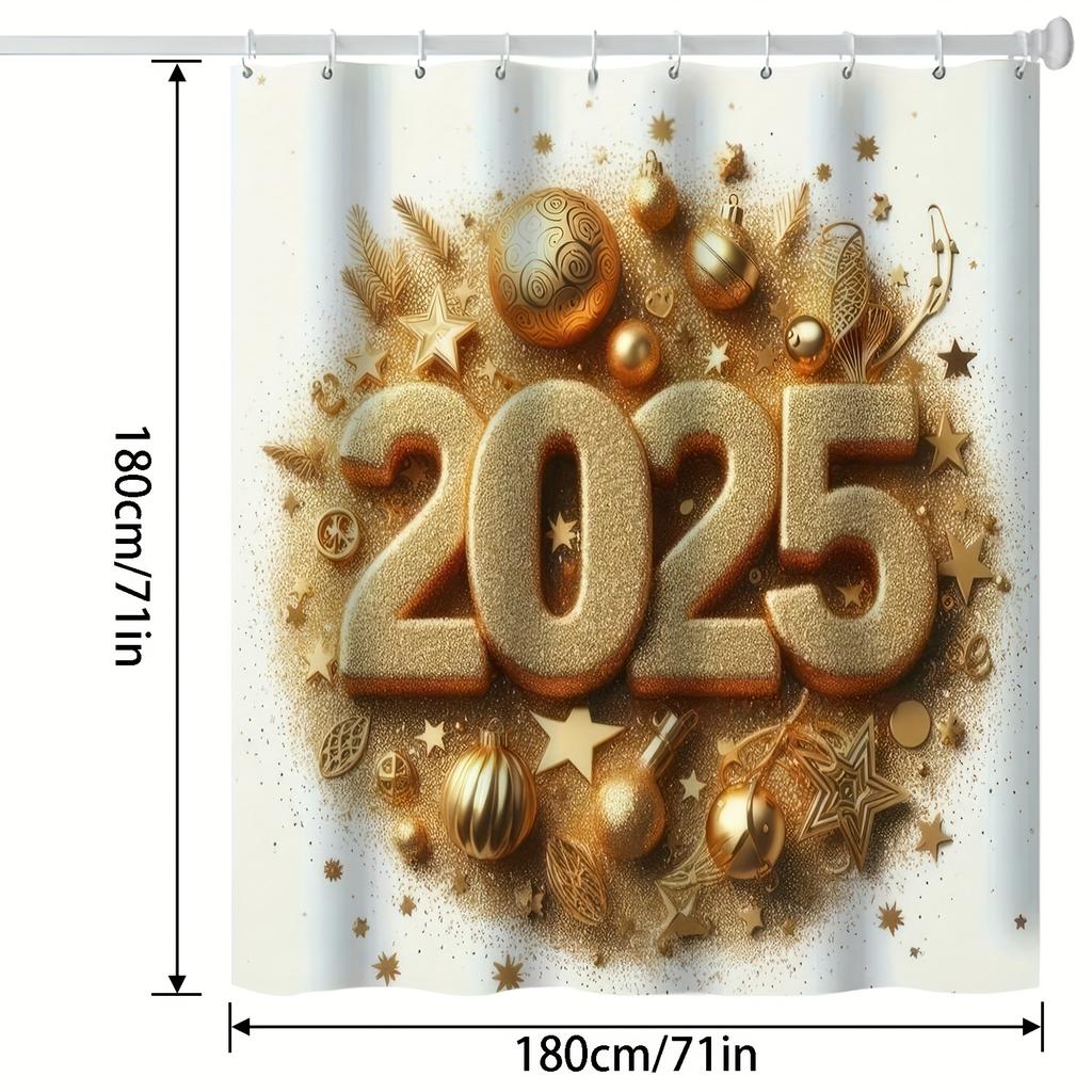 1pc Modern Minimalist Digital Print Shower Curtain with Glittery Golden "2025" Design, Polyester Fabric, Includes Hooks, Perfect