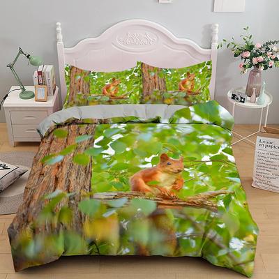 3D Squirrel King Queen Duvet Cover Lovely Animal Bedding Set For Kids Teens Adults Wildlife Green Leaves Soft 2/3pcs Quilt Cover