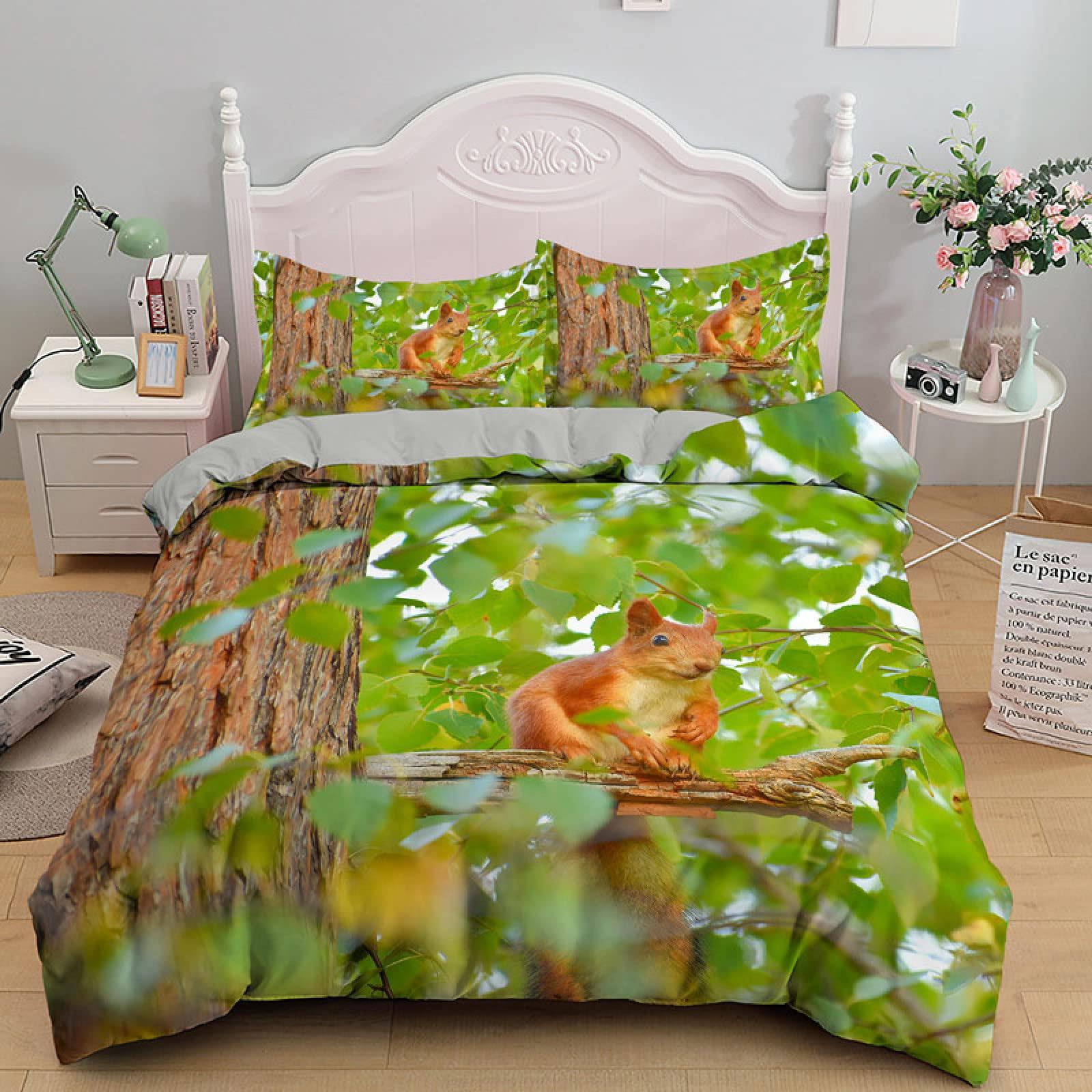 Practical Home Decor Unisex Green 3D Squirrel King Queen Duvet Cover Lovely Animal Bedding Set For Kids Teens Adults Wildlife Leaves Soft 2/3Pcs Quilt Cover