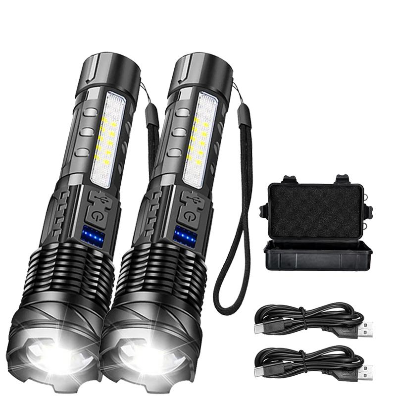 XHP50 High Power LED Flashlight Tactical COB Side Light Zoomable Torch Spotlight Rechargeable Waterproof Self-defense Flashlight