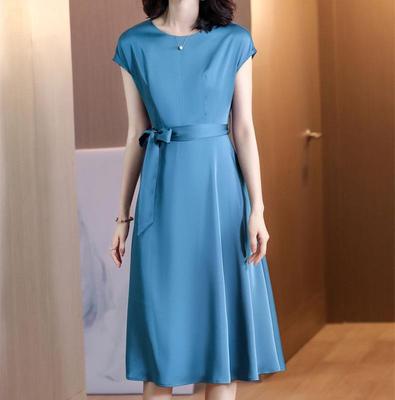Korean Style Women's Summer Dress - Short Sleeve, Loose Tie Waist, Slimming Casual Solid Color Skirt