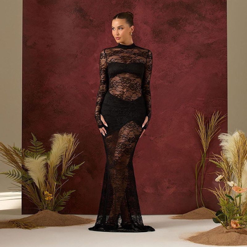 

Cross-Border European and American Women s Clothing 2025 Spring New Style Hot Girl Style Sexy Hollow-Out See-Through Long Slim-Fit Bodycon Dress Black S