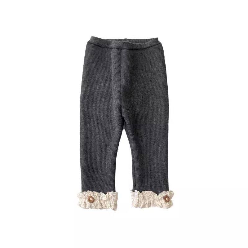 Girls' Velvet Slim-Fit Base Layer Pants with Lace - Versatile, Warm Outerwear for Autumn/Winter.