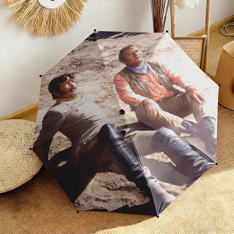1pc Legendary John Wayne Umbrella Portable Folding Umbrella Iron Frame Hole Bone Structure Outdoor Home Umbrella