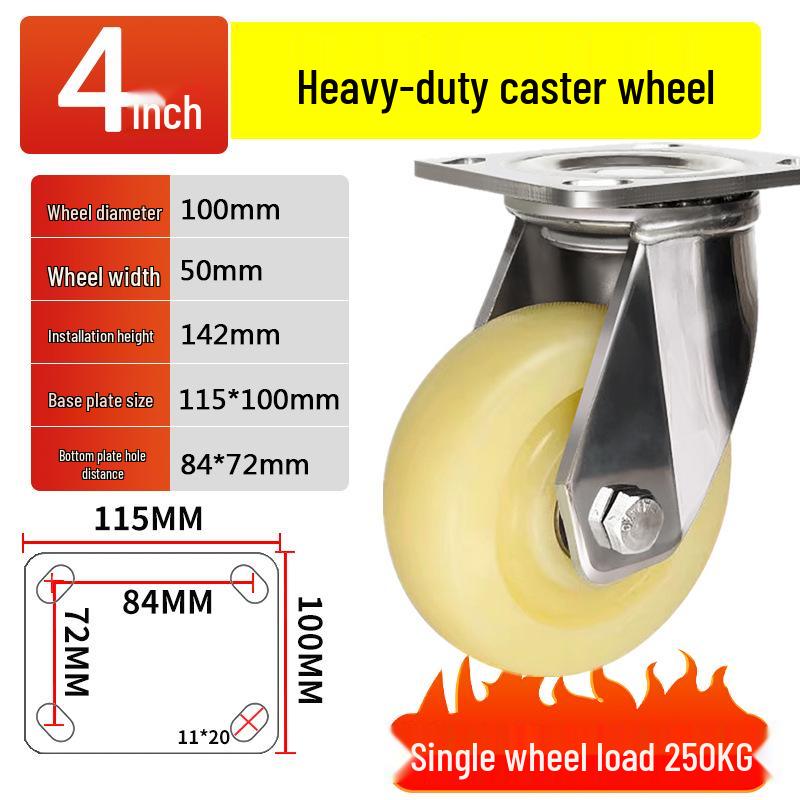 Heavy-Duty Rust-Proof 304 Stainless Steel Casters: 4, 5, 6, 8-inch Swivel Nylon Wheels, Super Wear-Resistant Trolley.