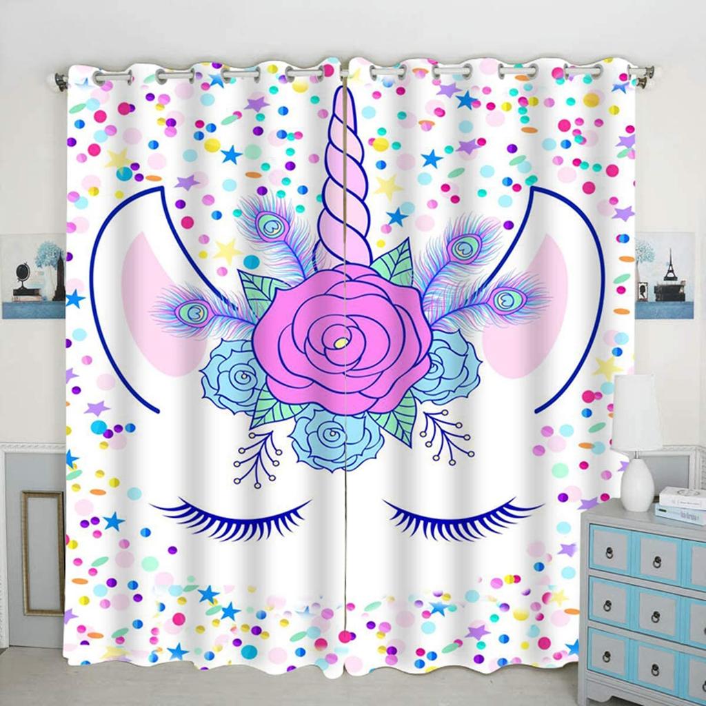 Cortinas de Animales Flores Unicornio y Estrellas Lindos Paneles de Cortina para Ventana Cortinas de Lujo para Decoración del Hogar para Sala de Estar