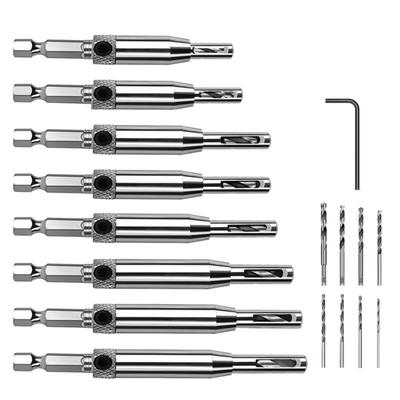 17pcs Self Centering Hinge Drill Bit Set Door Cabinet For Pilot Holes HSS Groove 8*Hinge Drill Bit 8*Drill Bit 1*Hex Wrench