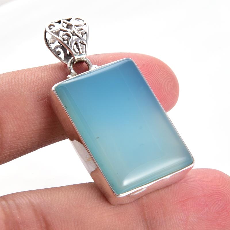 Natural Aqua Chalcedony Gemstone 925 Solid Sterling Silver Pendant 1.6" n5I47