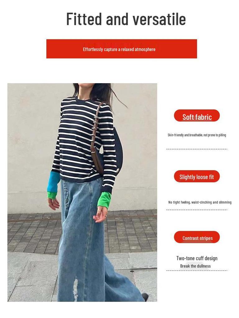 Thickened Skin-Friendly Age-Reducing Colorblock Cuffs Striped Knit Sweater - Xiaohongshu Style Long-Sleeve Base Layer for Autumn/Winter
