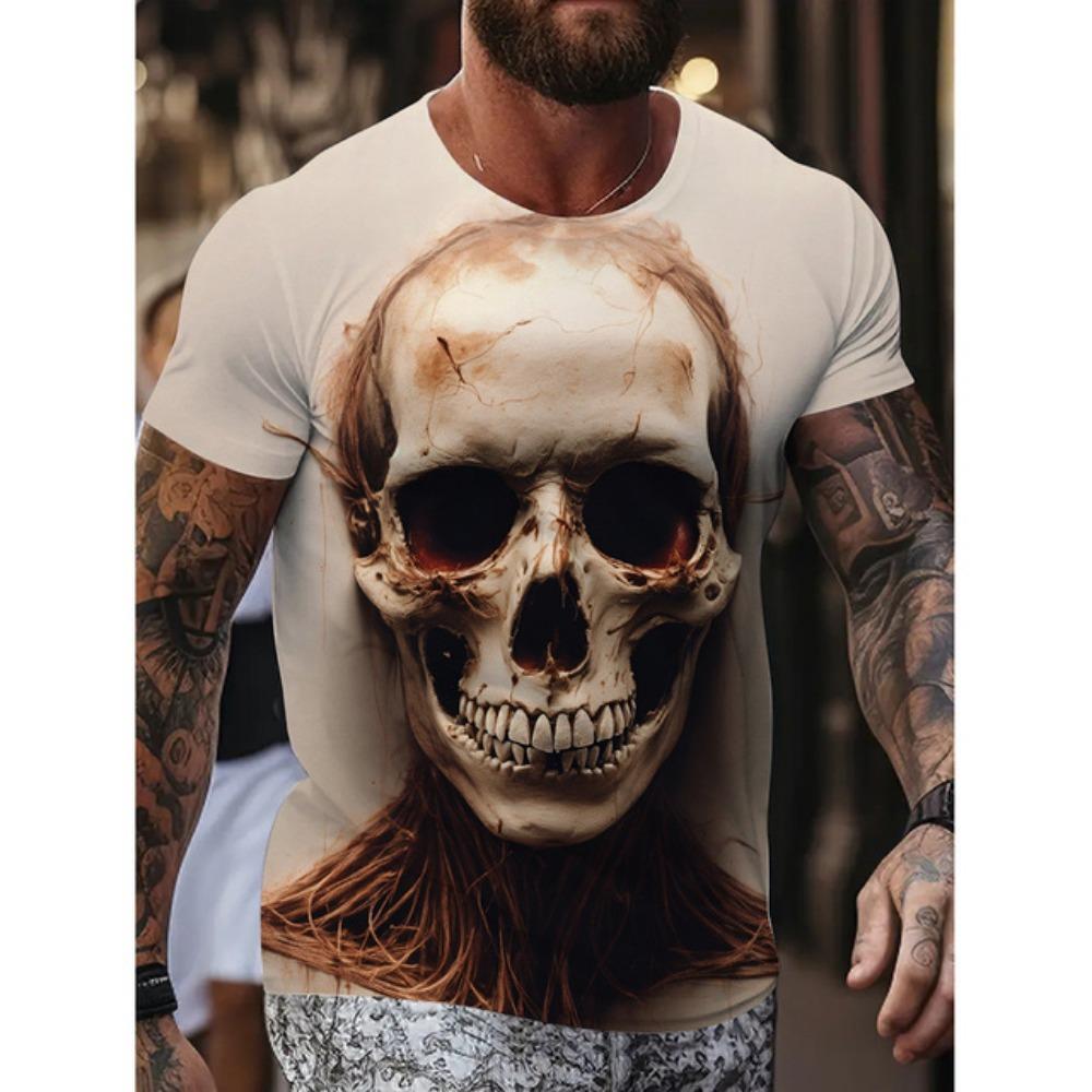 New Men's Fun Skull Pattern T Shirt Suit Mob Skull Print Short Sleeve Summer Casual Loose Round Neck T Shirt Breathable Top