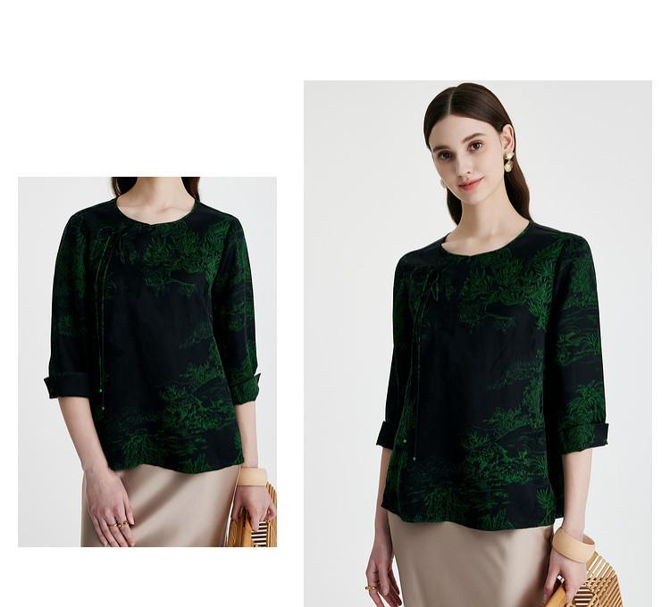 National style fragrant cloud yarn: 100% mulberry silk round neck temperament jacquard anti-aging silk shirt for women