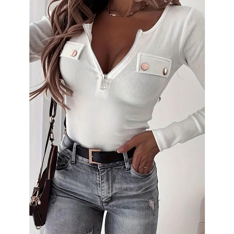 Top Elasticizzato Autunno Inverno Donna Moda di Strada Lavorato a Maglia Slim Fit Manica Lunga T-shirt con Zip
