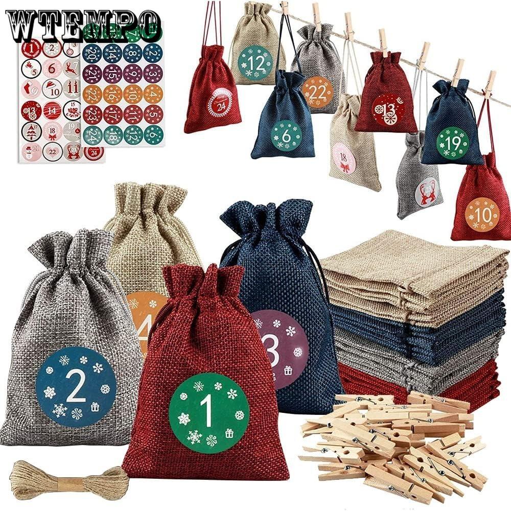 24pcs Christmas Linen Bag Drawstring Bag Set Party and Gathering Gift Box Cosmetics Jewelry Candy Packaging and Storage Bag