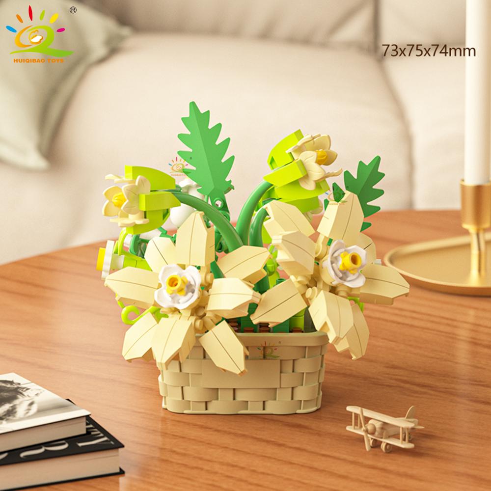 HUIQIBAO MOC Bouquet Potted Plant Micro Building Blocks Eternal Flower Model DIY Home Desk Decoration Brick Toy For Children