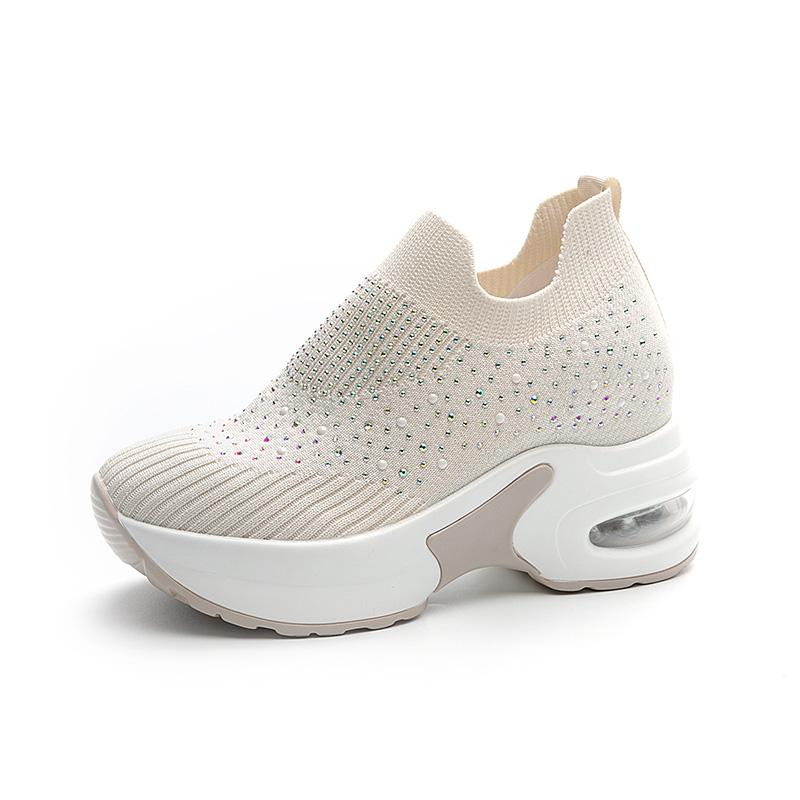 Fashion 8cm Air Mesh Platform Sneakers Wedge Crystal Shoes White Black Height Increased High Heel for Women Slip on Shoes Vulcanized New