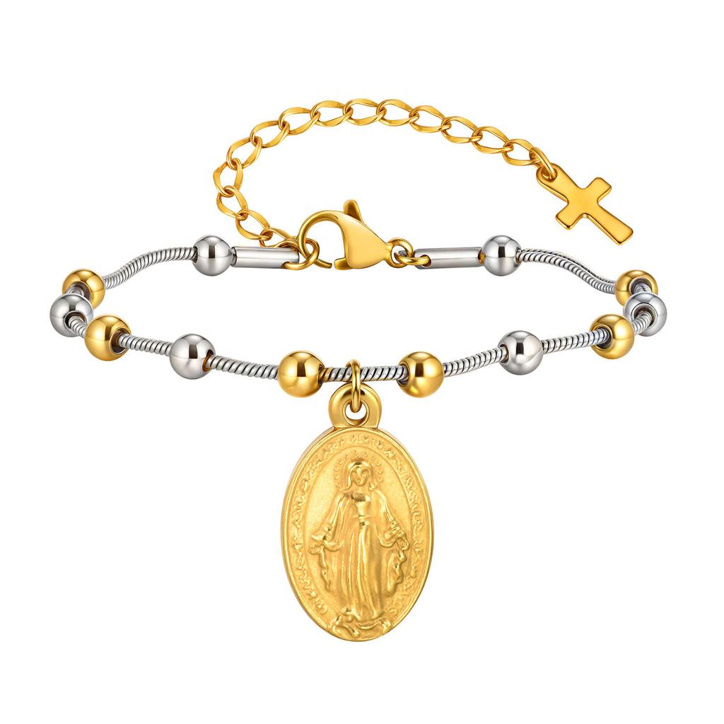 Two Tone Stainless Steel Virgin Mary Bracelet for Women, Rosary Beaded Cross Bracelets, Non Tarnish Religious Jewelry