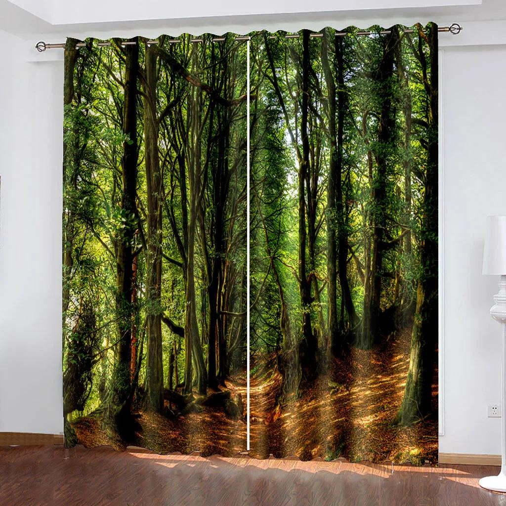 Spring and Autumn Forest Scenery Series Sunshade Curtains 2 Pieces for Living Room Bedroom Home Decoration Hook Perforation