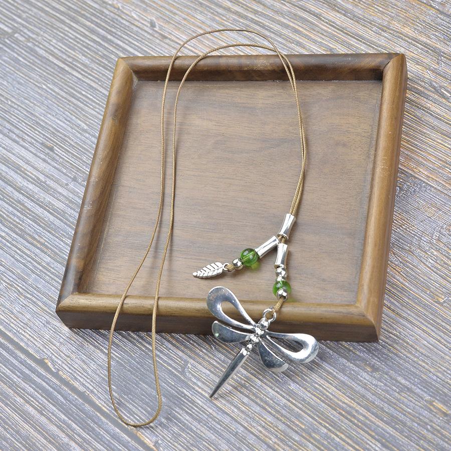 Vintage Dragonfly Necklace Green Beads Bohemian Jewelry Adjustable Rope Gift