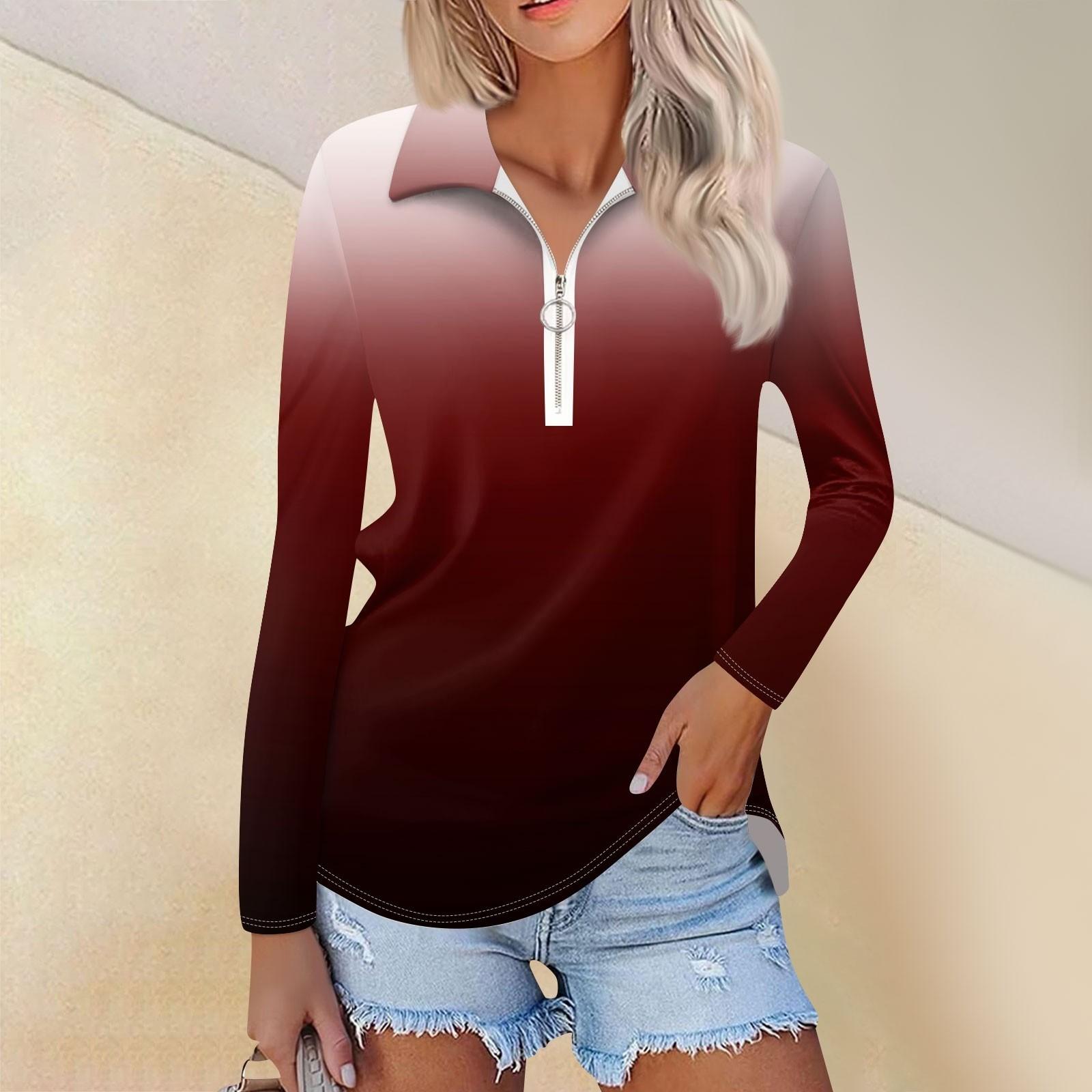 

Женская весенняя и модная повседневная рубашка с принтом на молнии с V-образным вырезом и длинным рукавом XL винный