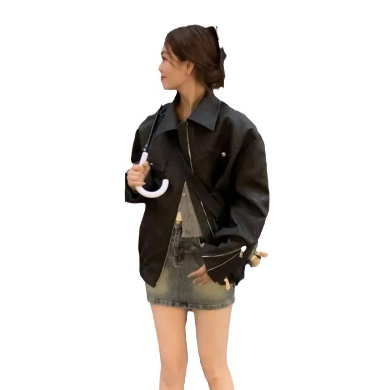 Retro coffee pu leather jacket women's autumn new short jacket top casual motorcycle jacket