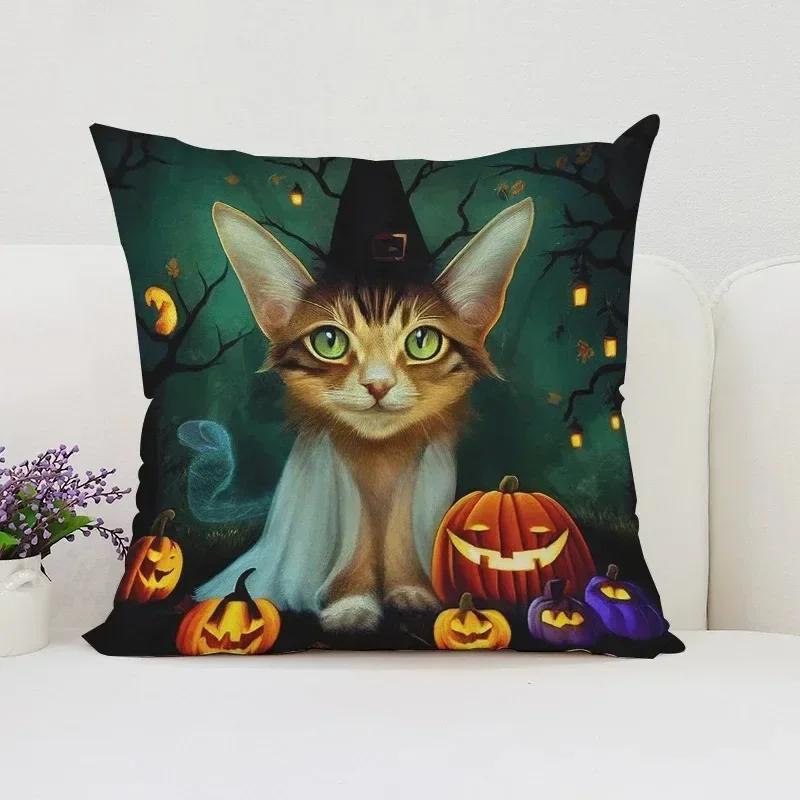 Housse de coussin décorative d'Halloween Chat Citrouille Adaptée pour Maison Salon Canapé Chambre Chambre Housse d'oreiller décorative