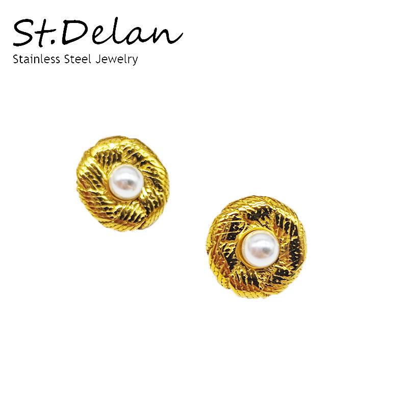 European-American Retro Titanium Steel Geometric Stud Earrings with Pearl & Shell Inlay for Women