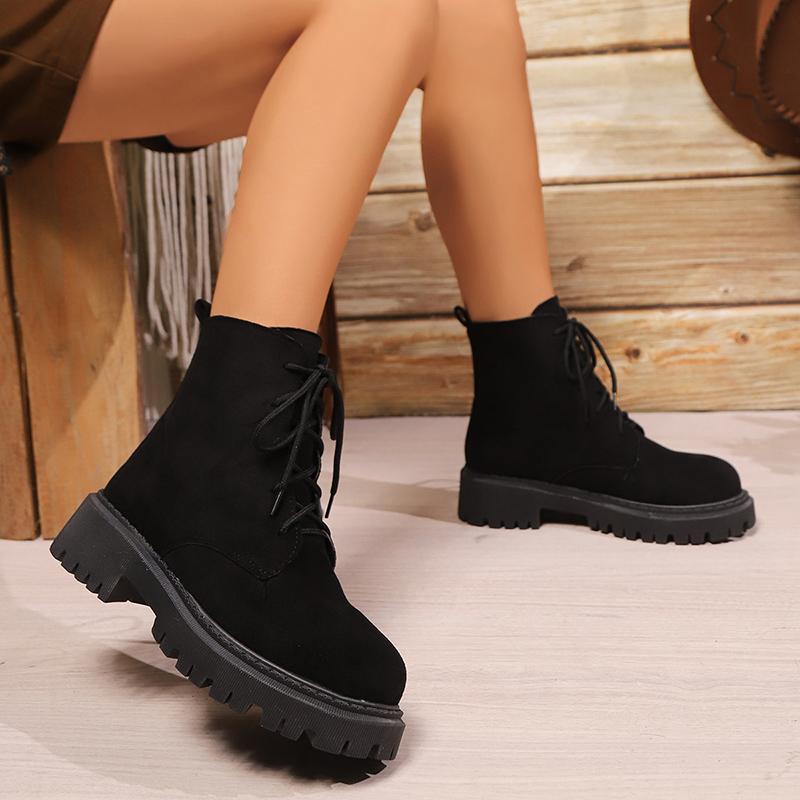 Fashion Women's Black Platform Ankle Boots Fashion Faux Suede Lace Up Short Boots Woman Thick Sole Non Slip Autumn Winter Botas De Mujer