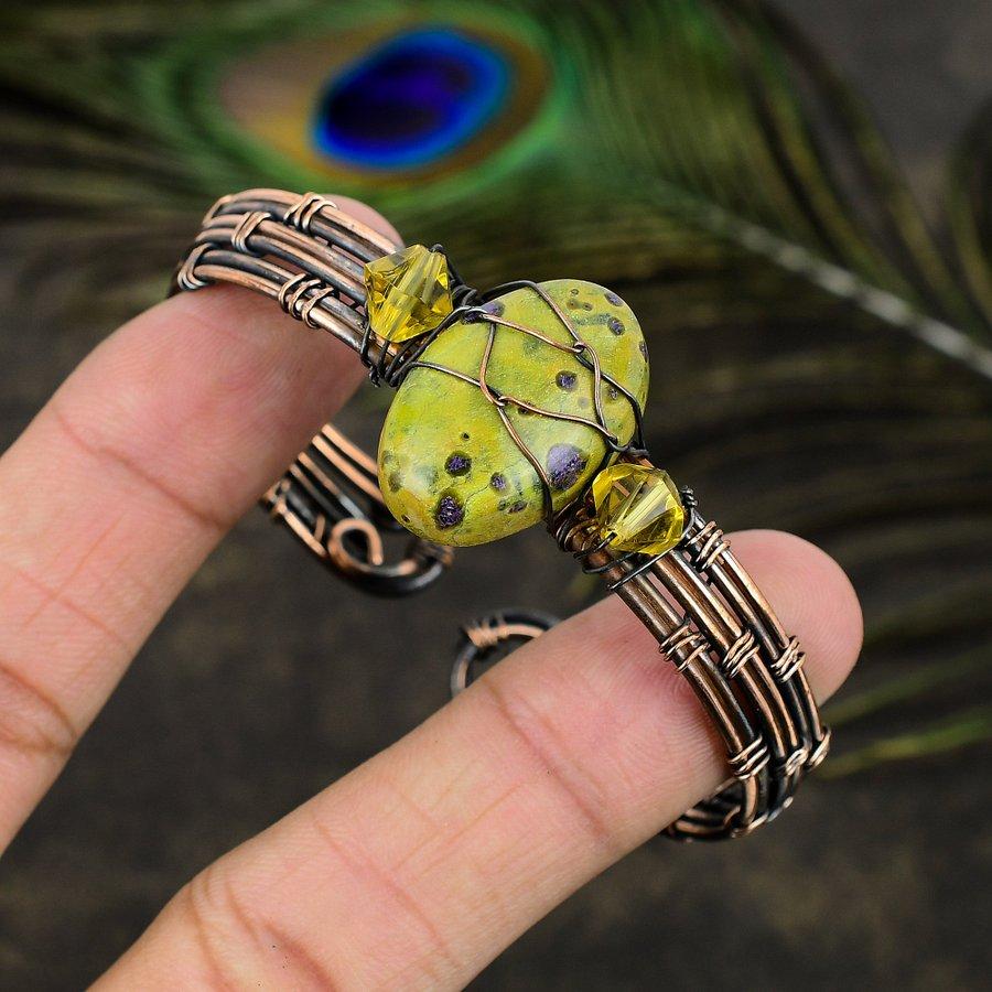 Natural Stichtite Stone Gemstone Copper Wire Wrap Cuff Bangle Adjustable P9u43