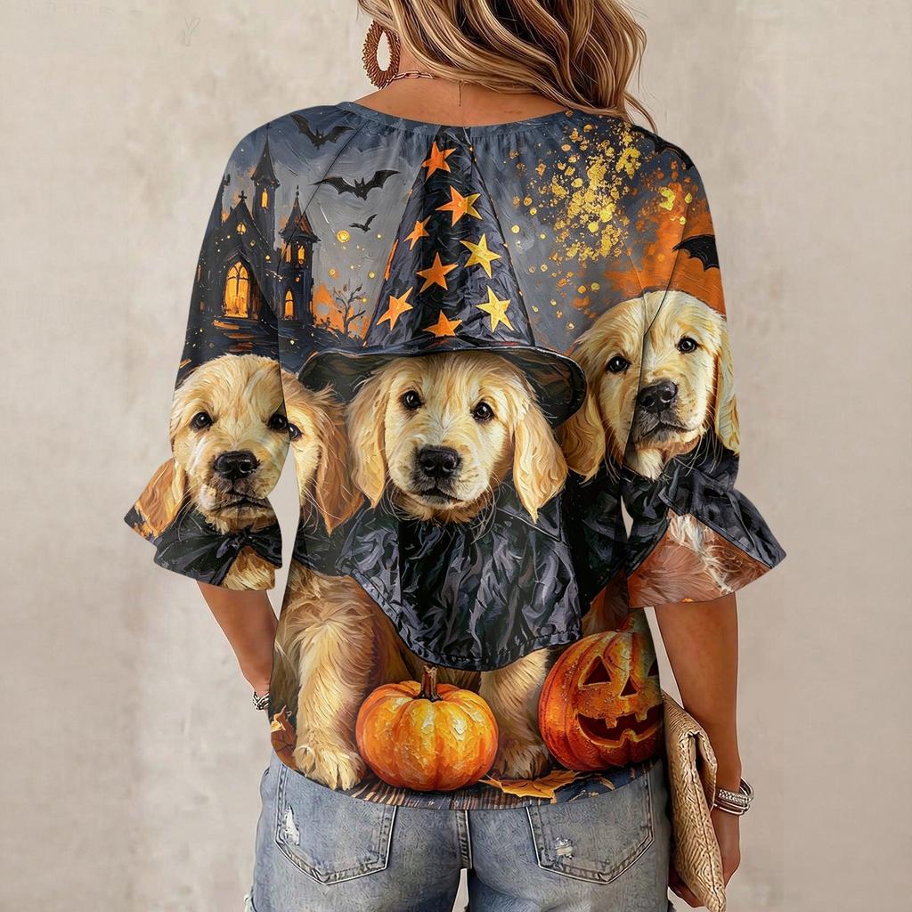 Women's Halloween Print Round Neck Tie Front Ruffle Blouse Three-Quarter Sleeve Top